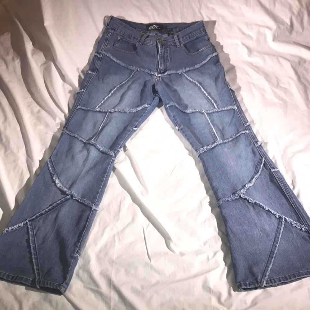 Lazer Jeans Women’s Vintage Medium Washed Patchwork Hand Fringed Wide Leg Pants